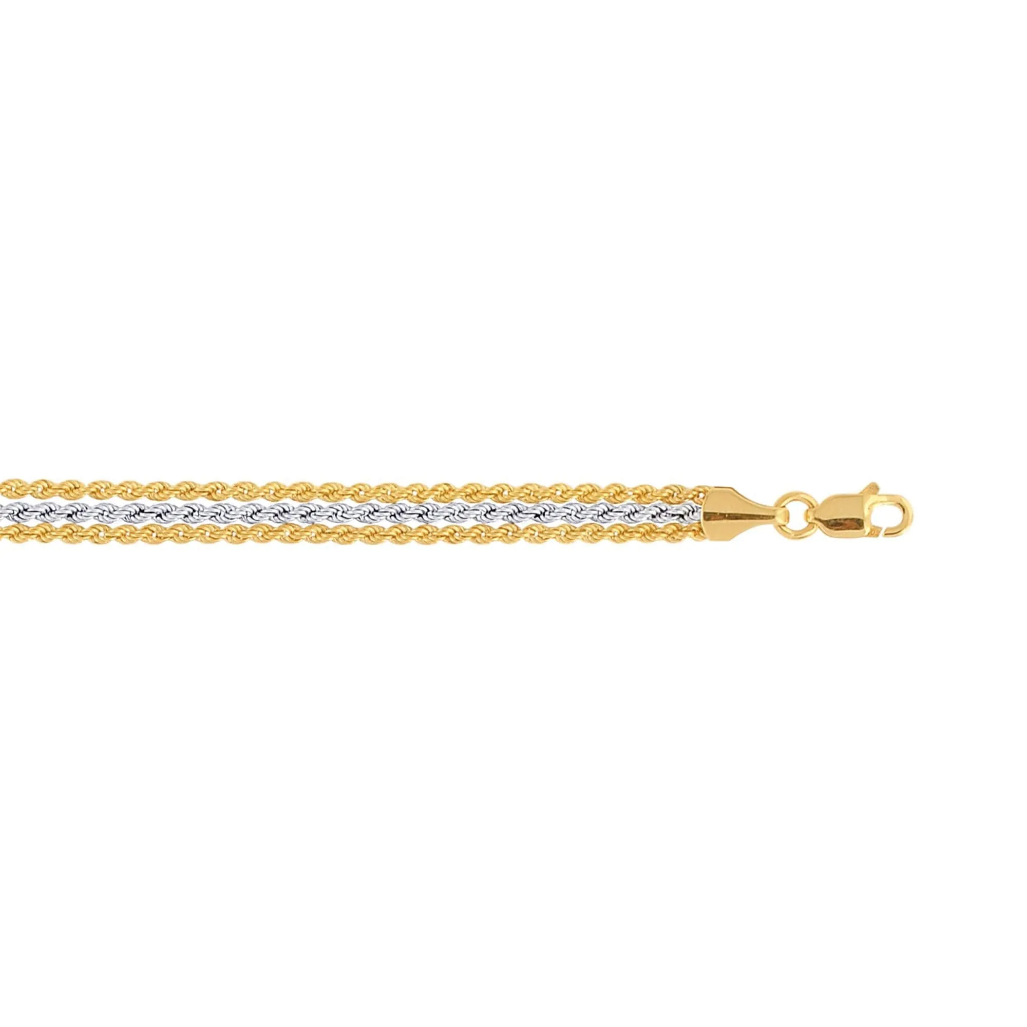 10K 7.25 inches Yellow White Gold Triple Strand Rope Chain Ladies Fancy Bracelet with Lobster Clasp