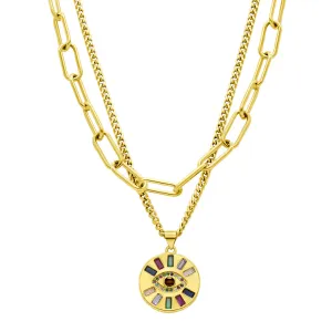 14k Gold Plated Adjustable Evil Eye Multi Color Layered Double Necklace