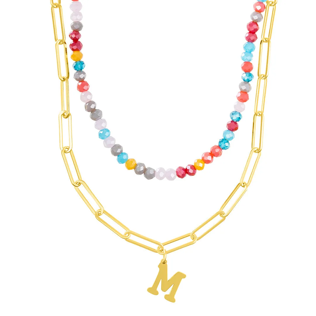 14k Gold Plated Adjustable Layered Color Beads and Paperclip Chain Initial Necklace