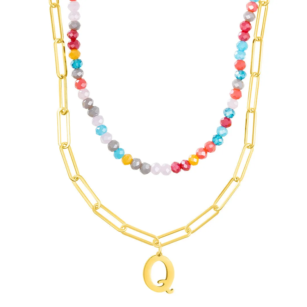 14k Gold Plated Adjustable Layered Color Beads and Paperclip Chain Initial Necklace