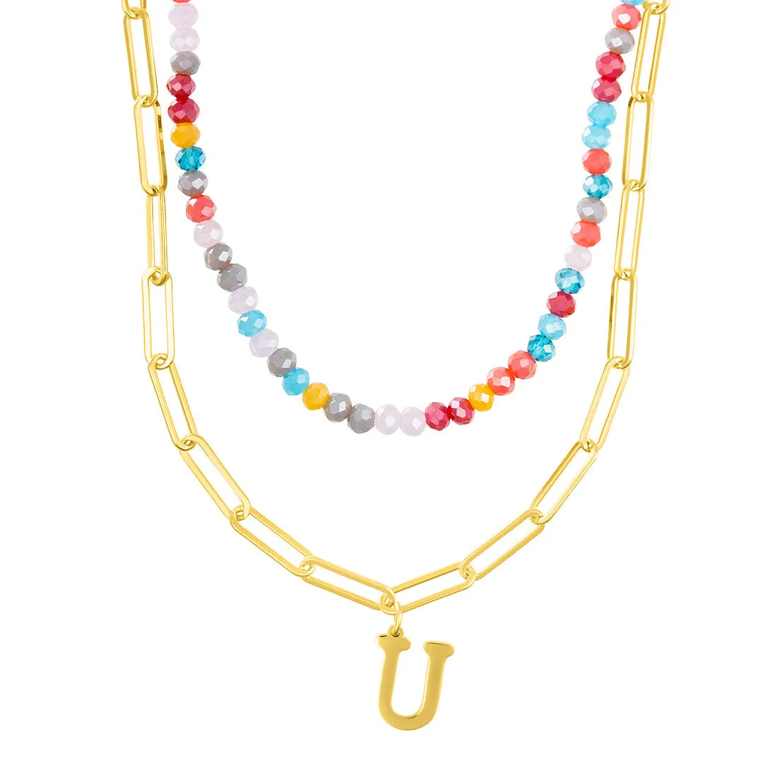 14k Gold Plated Adjustable Layered Color Beads and Paperclip Chain Initial Necklace