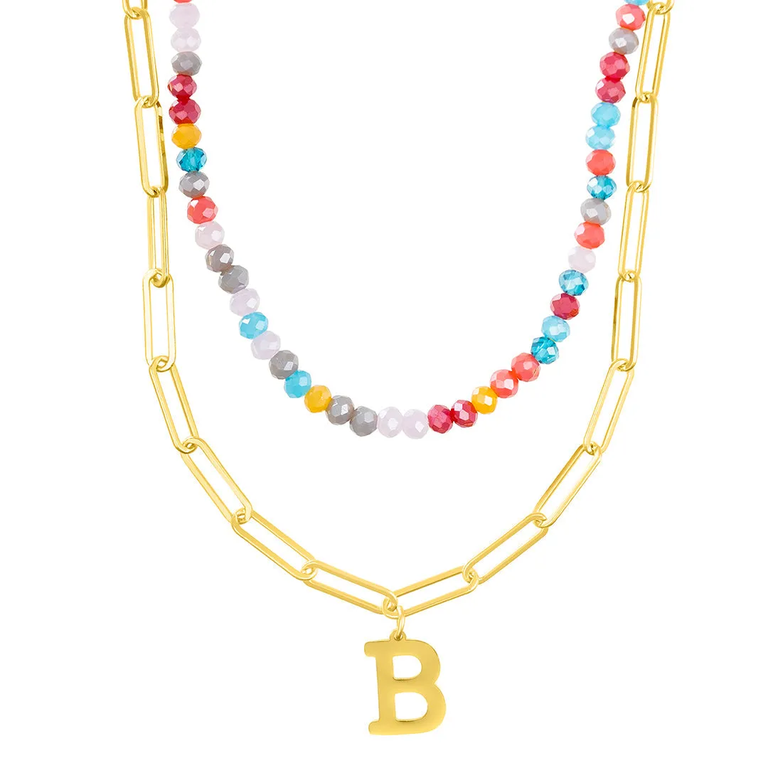 14k Gold Plated Adjustable Layered Color Beads and Paperclip Chain Initial Necklace