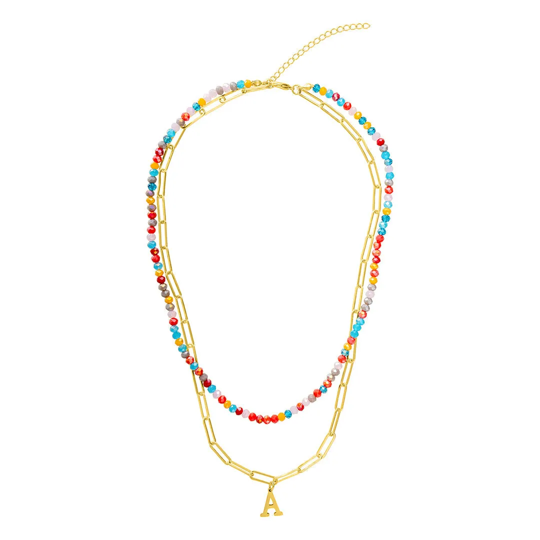 14k Gold Plated Adjustable Layered Color Beads and Paperclip Chain Initial Necklace