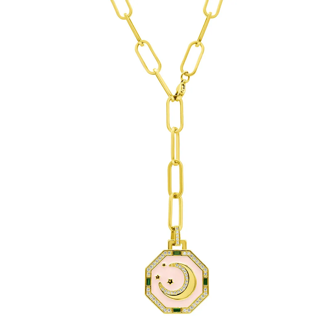 14k Gold Plated Adjustable Paperclip Moon Tablet Octagon Necklace