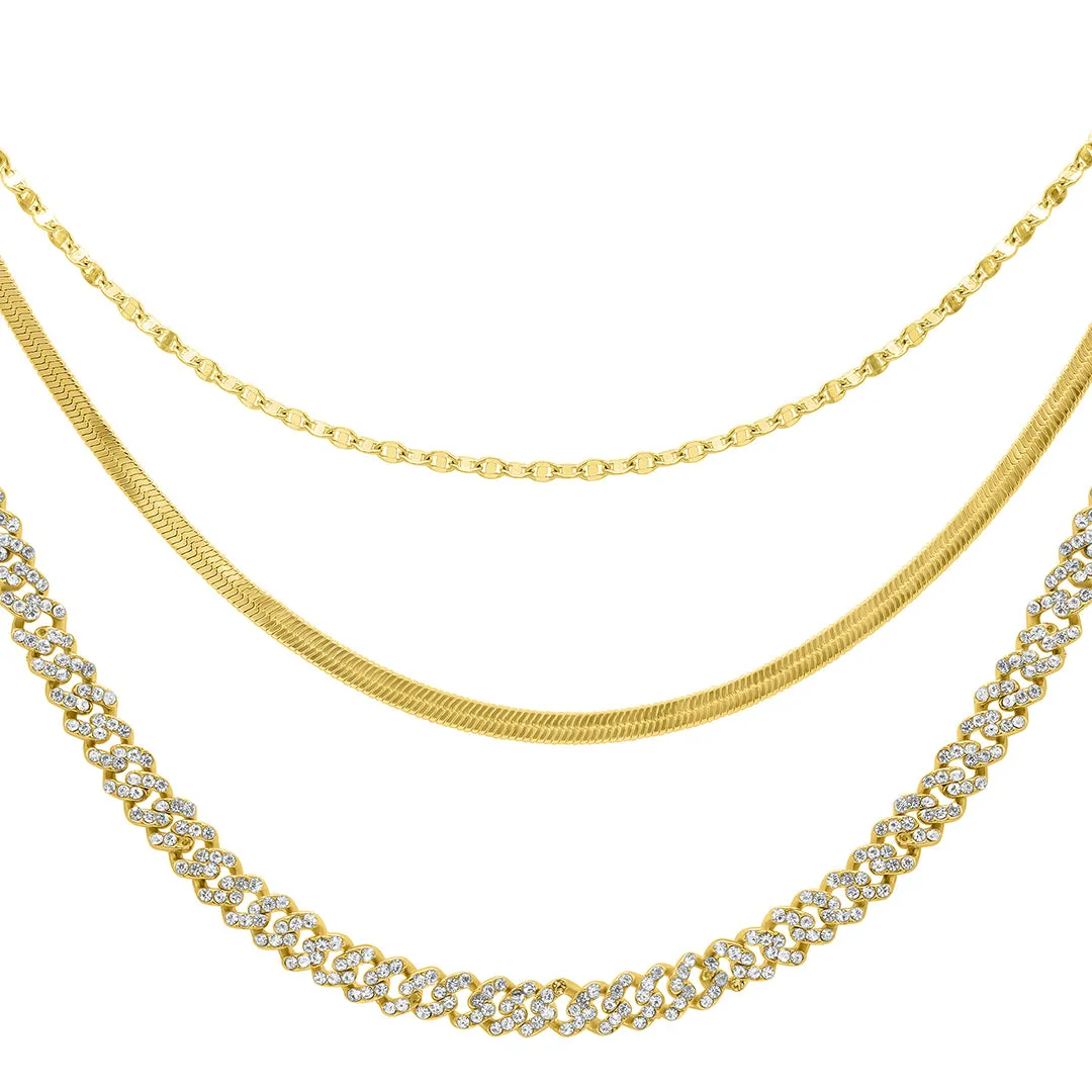 14k Gold Plated Adjustable Valentina, Herringbone and 8mm Crystal Curb Chain Necklace Set