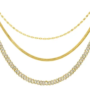 14k Gold Plated Adjustable Valentina, Herringbone and 8mm Crystal Curb Chain Necklace Set