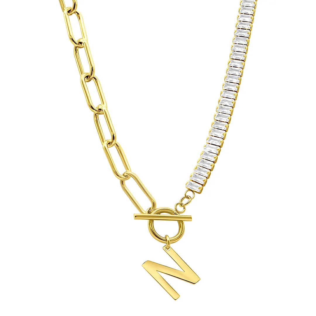 14k Gold Plated Half Crystal And Half Paperclip Initial Toggle Necklace