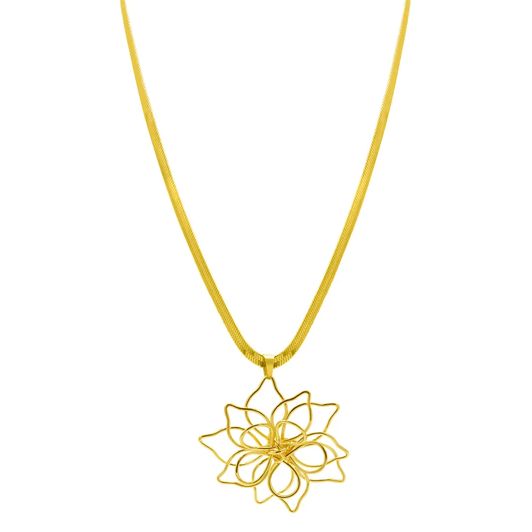 14k Gold Plated Herringbone Wire Flower Necklace