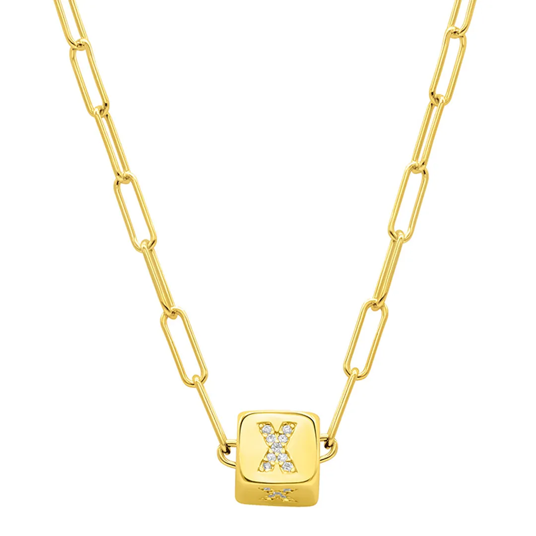 14K Gold Plated Initial Cube Paperclip Necklace