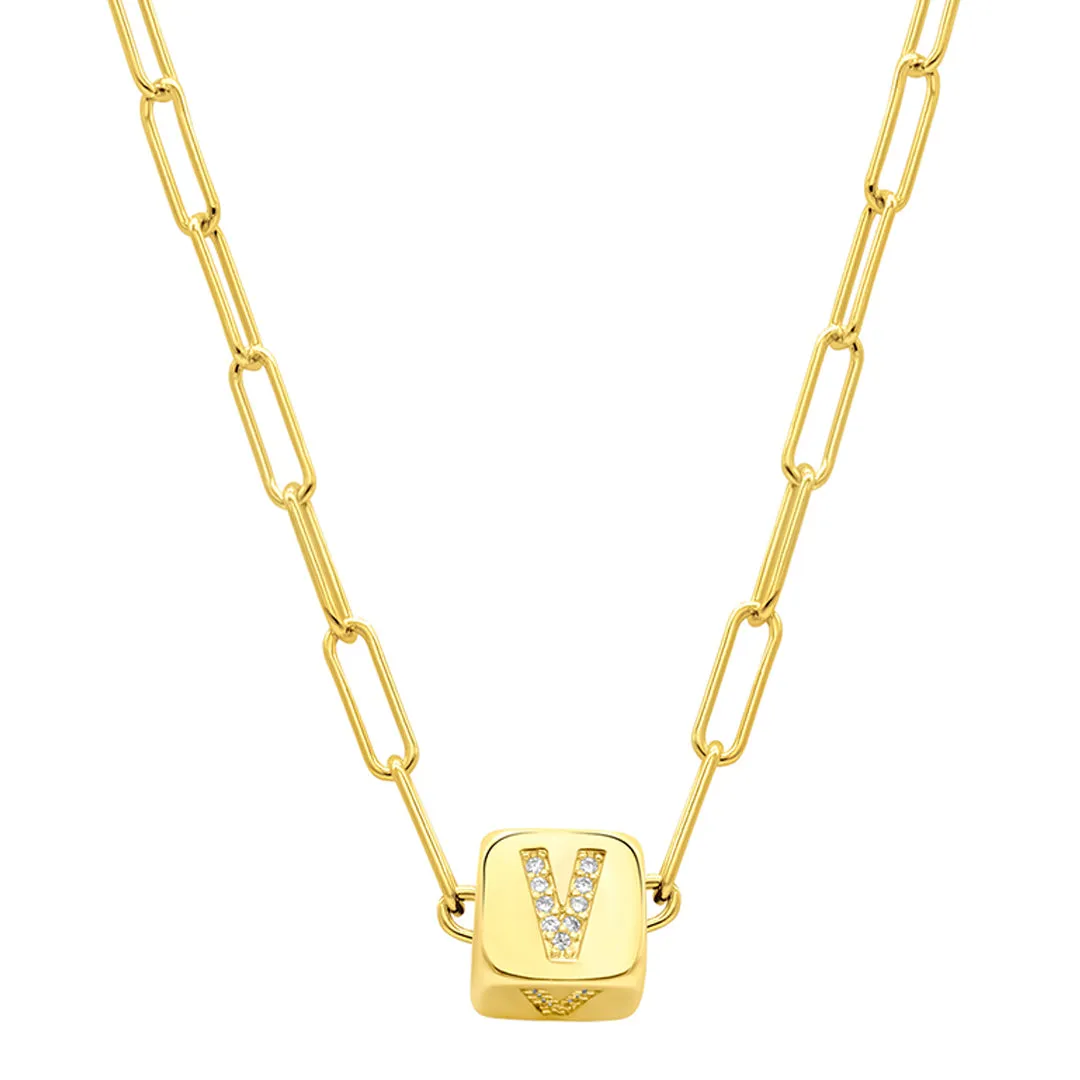 14K Gold Plated Initial Cube Paperclip Necklace