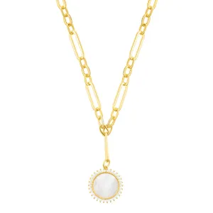 14k Gold Plated Mother of Pearl CZ Halo Disc Mixed Link Y-Necklace