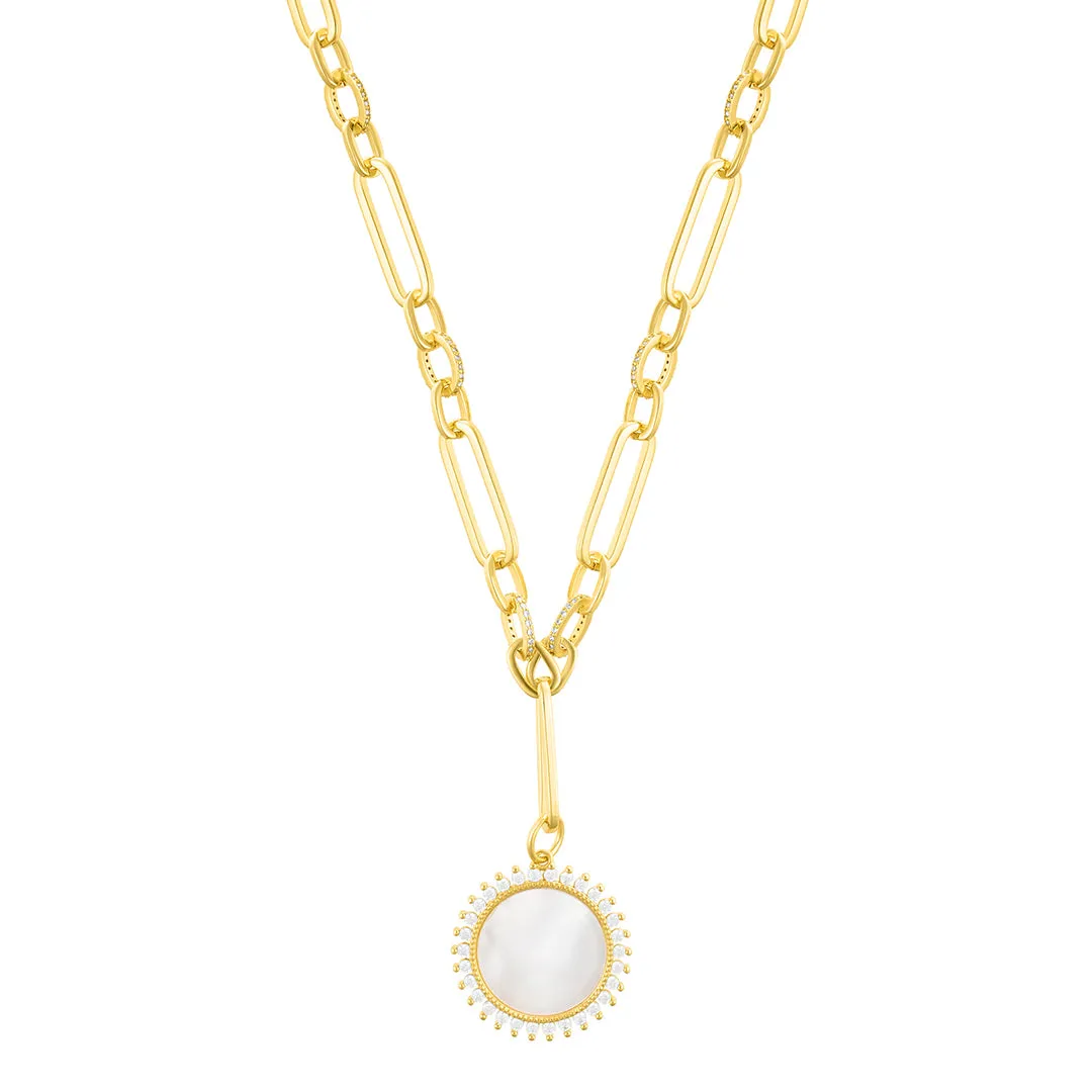 14k Gold Plated Mother of Pearl CZ Halo Disc Mixed Link Y-Necklace