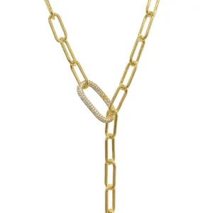 14k Gold Plated Paper Clip Chain Lariat Necklace with Crystal Adjustable Lock