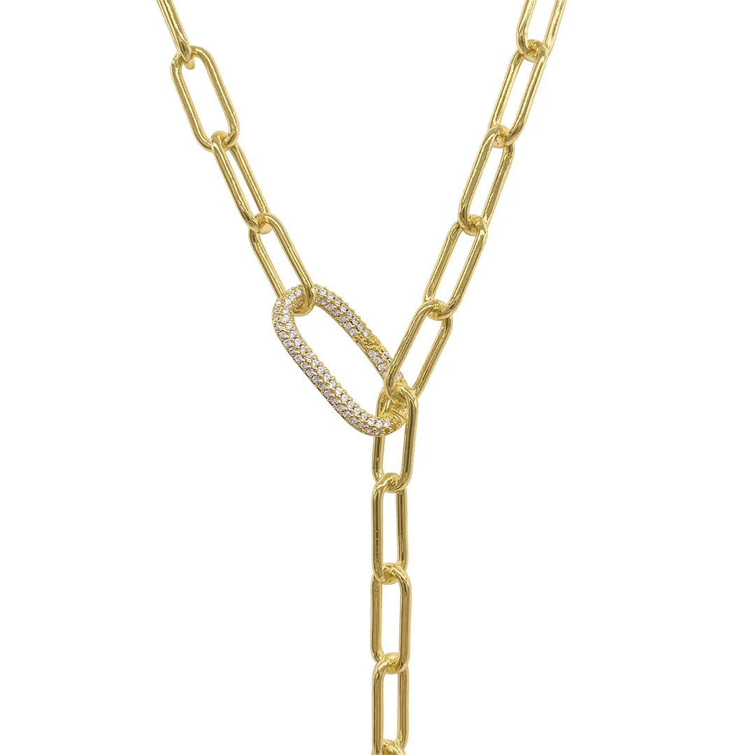 14k Gold Plated Paper Clip Chain Lariat Necklace with Crystal Adjustable Lock