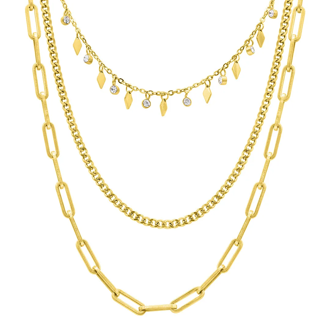 14k Gold Plated Paperclip, Curb, and Dangle Diamond Chain Necklace Set