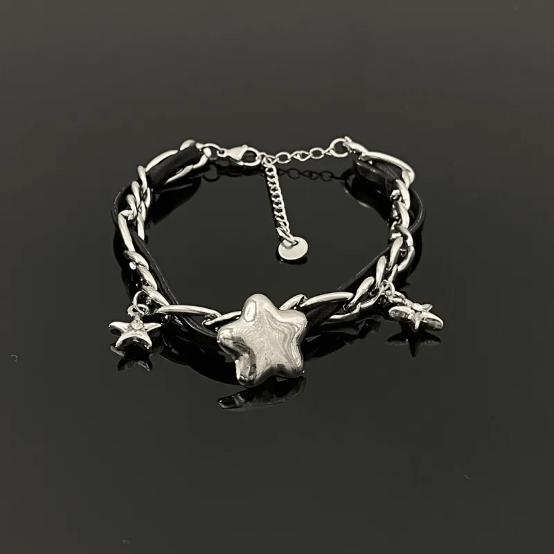 14K Gold-plated Star Braided Black Leather Bracelets