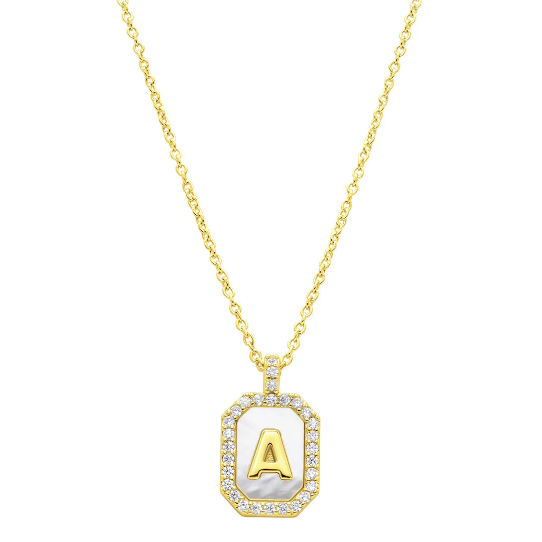 14k Gold Plated White Mother-of-Pearl Initial Tablet Necklace