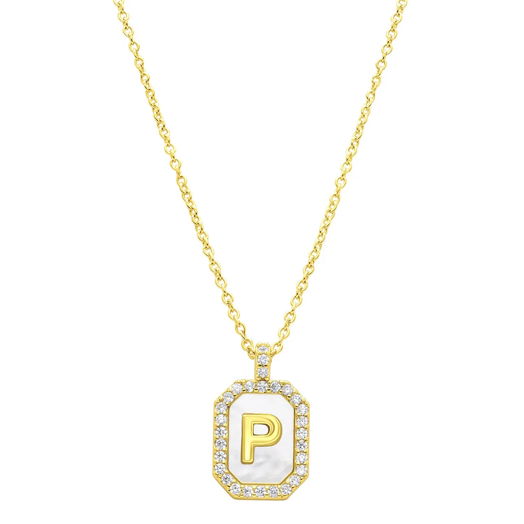 14k Gold Plated White Mother-of-Pearl Initial Tablet Necklace