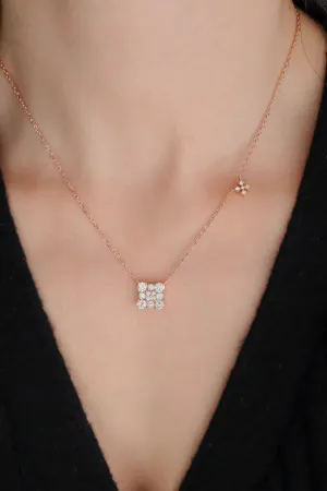 14K Rose Gold Natural Diamond Two Square Charms Chain Linked Necklace