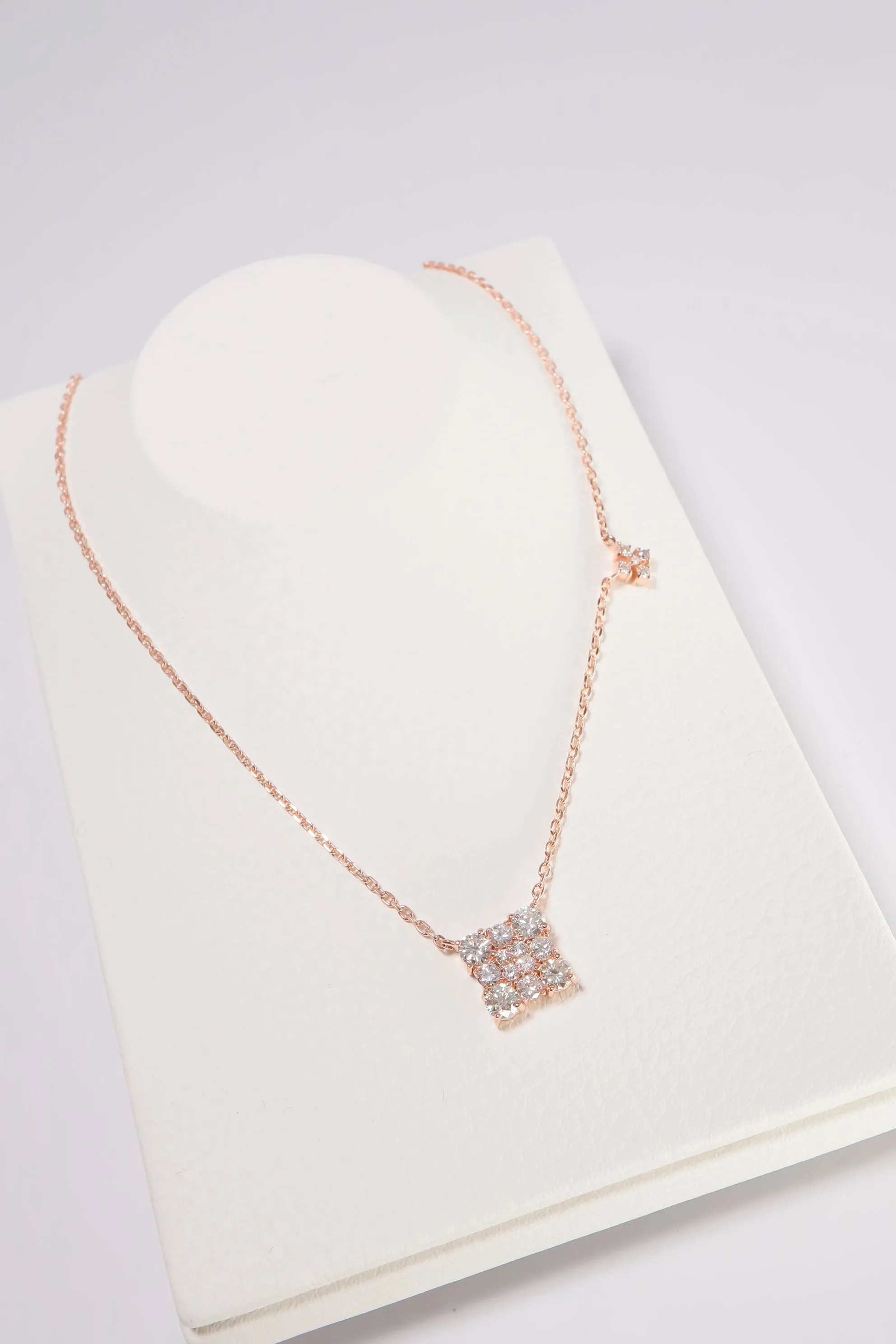 14K Rose Gold Natural Diamond Two Square Charms Chain Linked Necklace