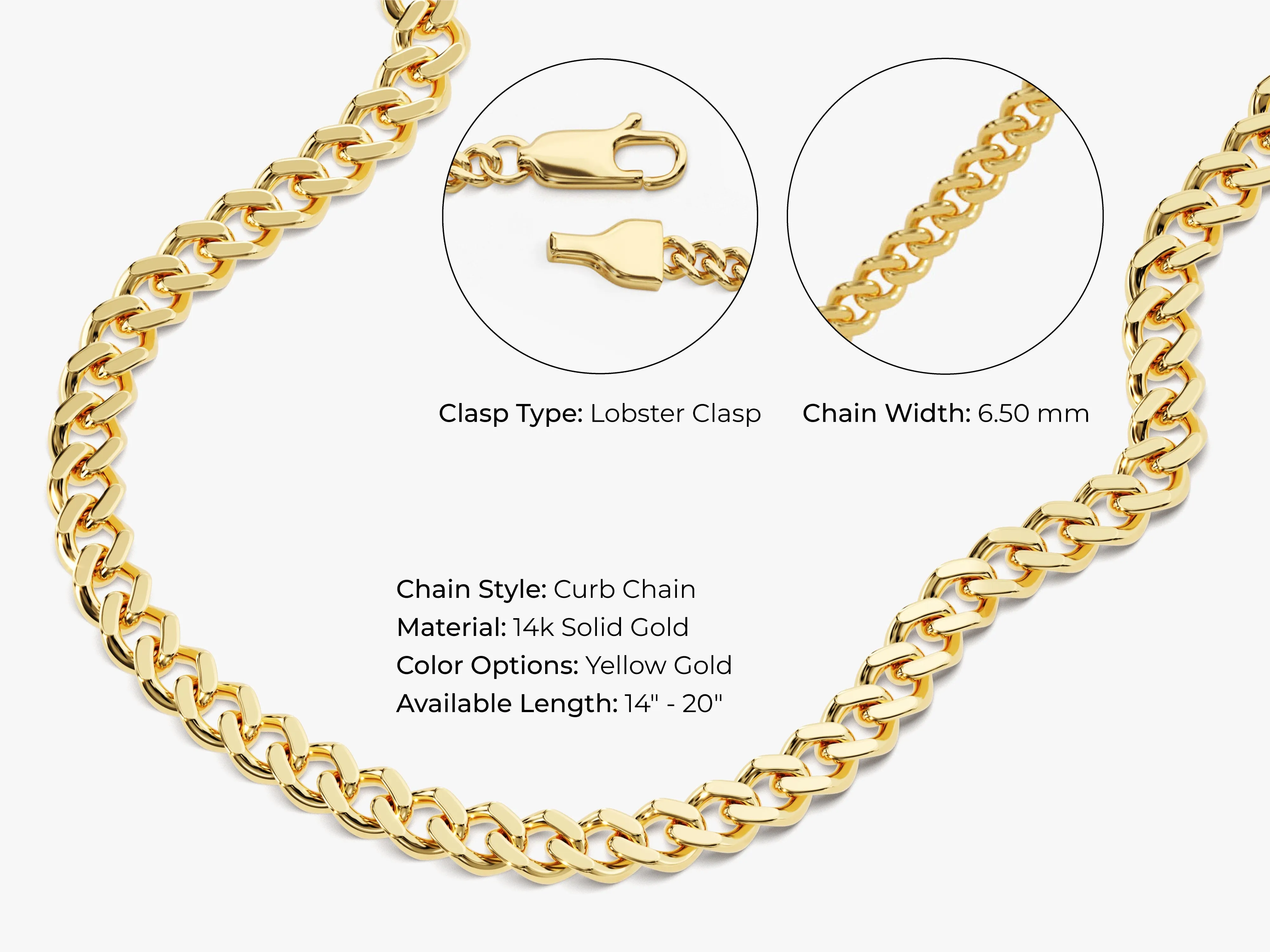 14k Yellow Gold 6.5mm Cuban Curb Chain Necklace