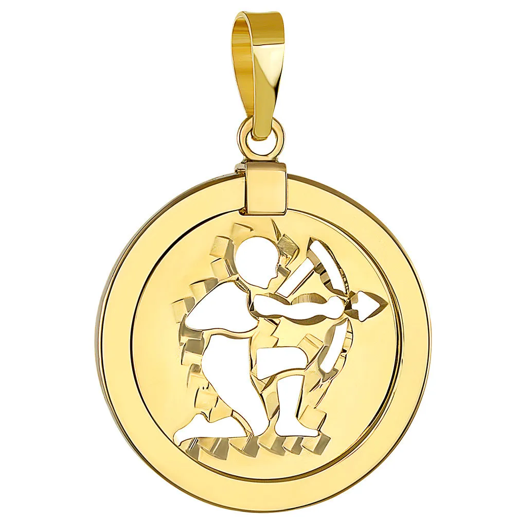 14K Yellow Gold Reversible Round Sagittarius Zodiac Sign Pendant