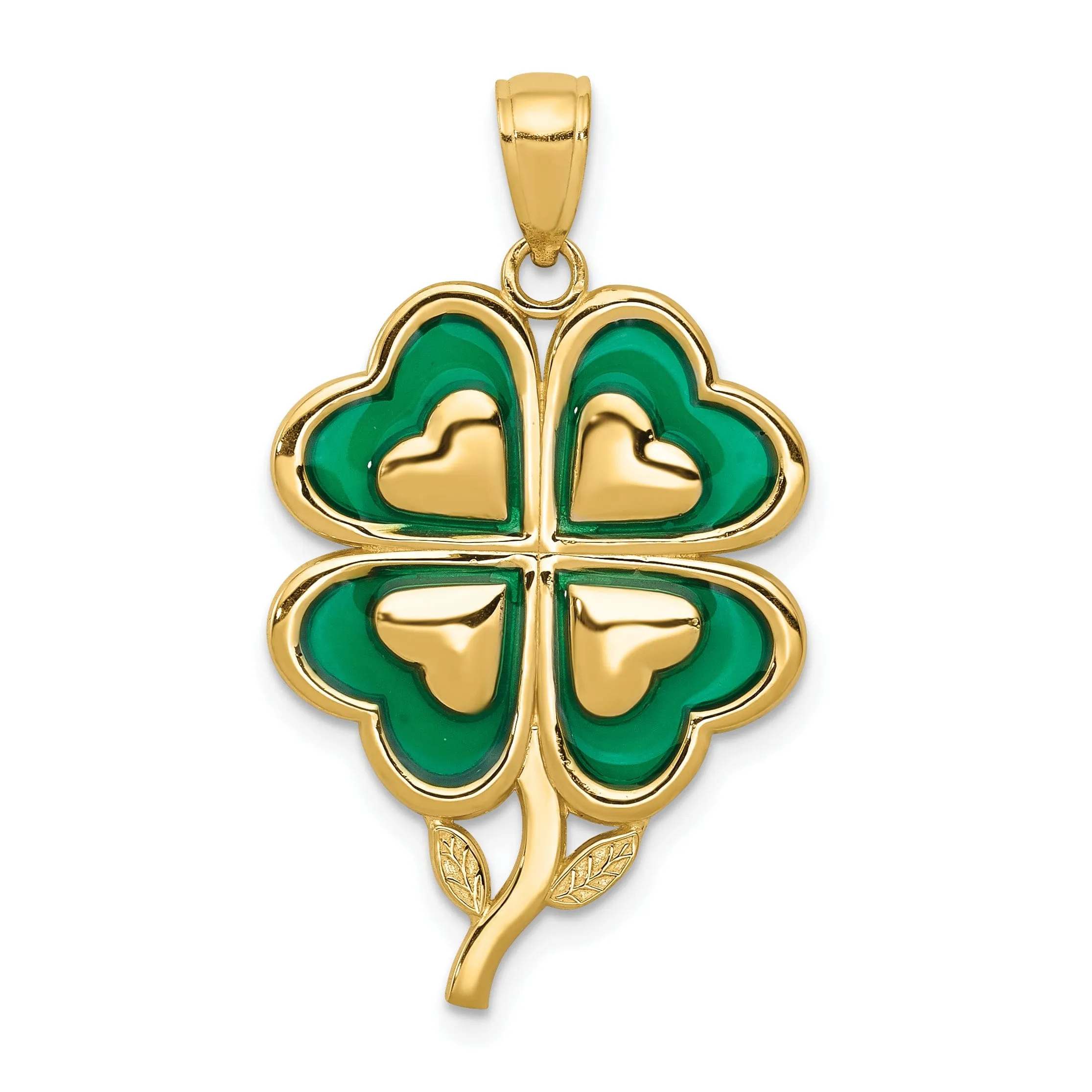 14k Yellow Gold Solid Open Back Polished Green Enameled Finish With Hearts Design 4-leaf Clover Charm Pendant