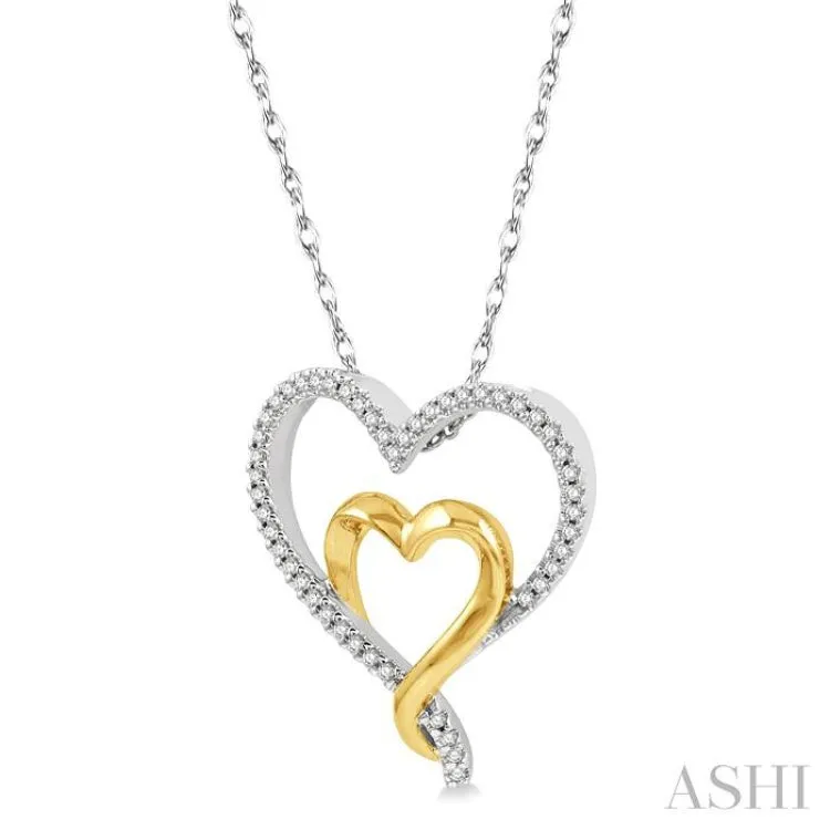 1/6 ctw Two Tone Twin Heart Round Cut Diamond Pendant With Chain in 10K White and Yellow Gold