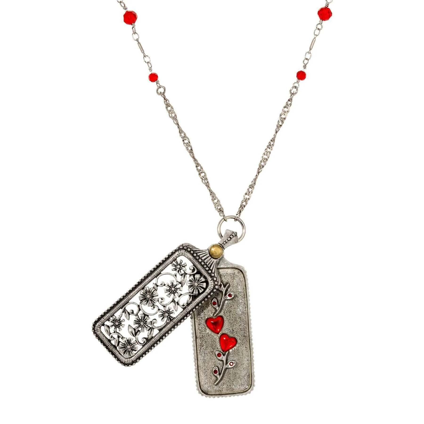 1928 Jewelry Pewter Floral Swinging Cover with Red Hearts Pendant Necklace 30"