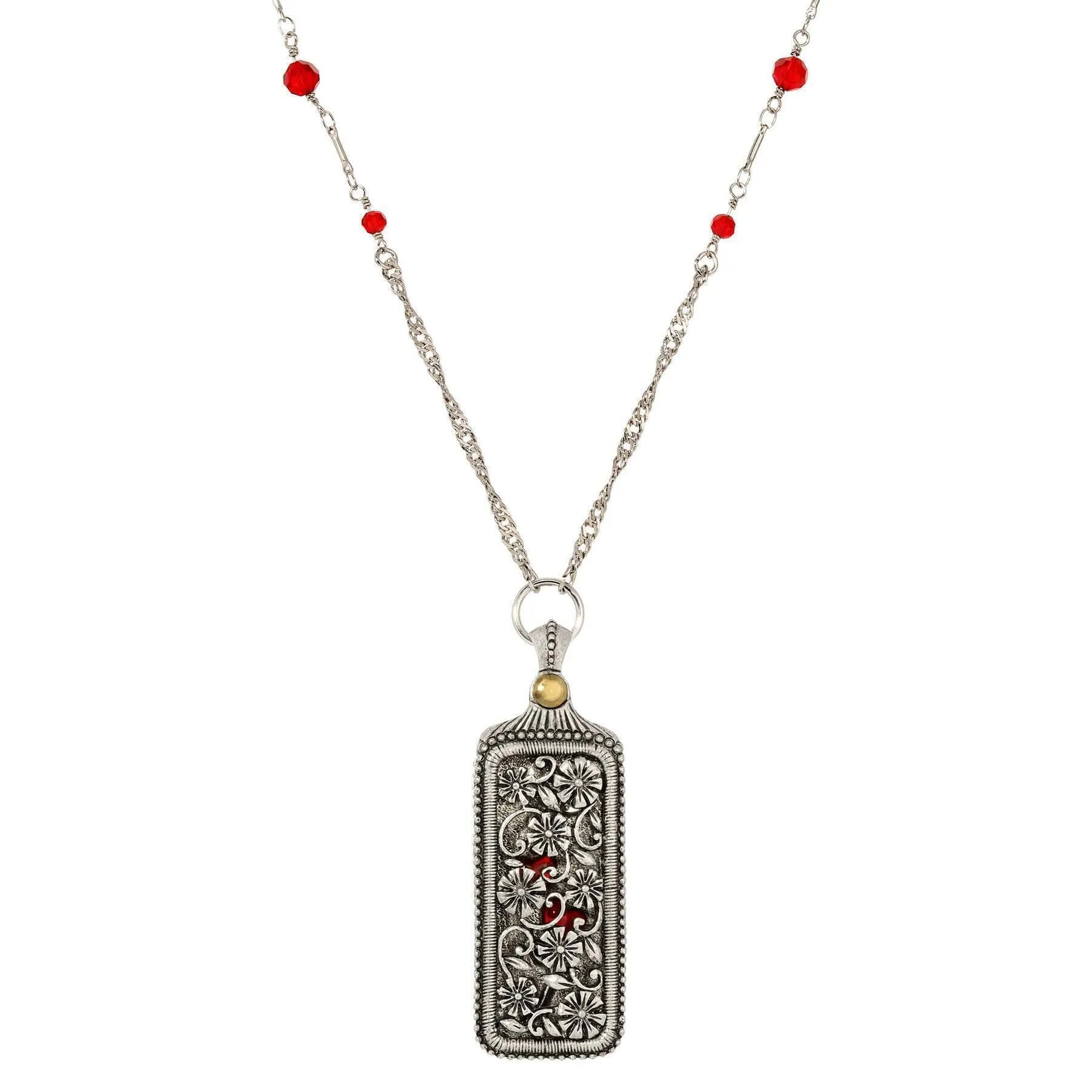 1928 Jewelry Pewter Floral Swinging Cover with Red Hearts Pendant Necklace 30"