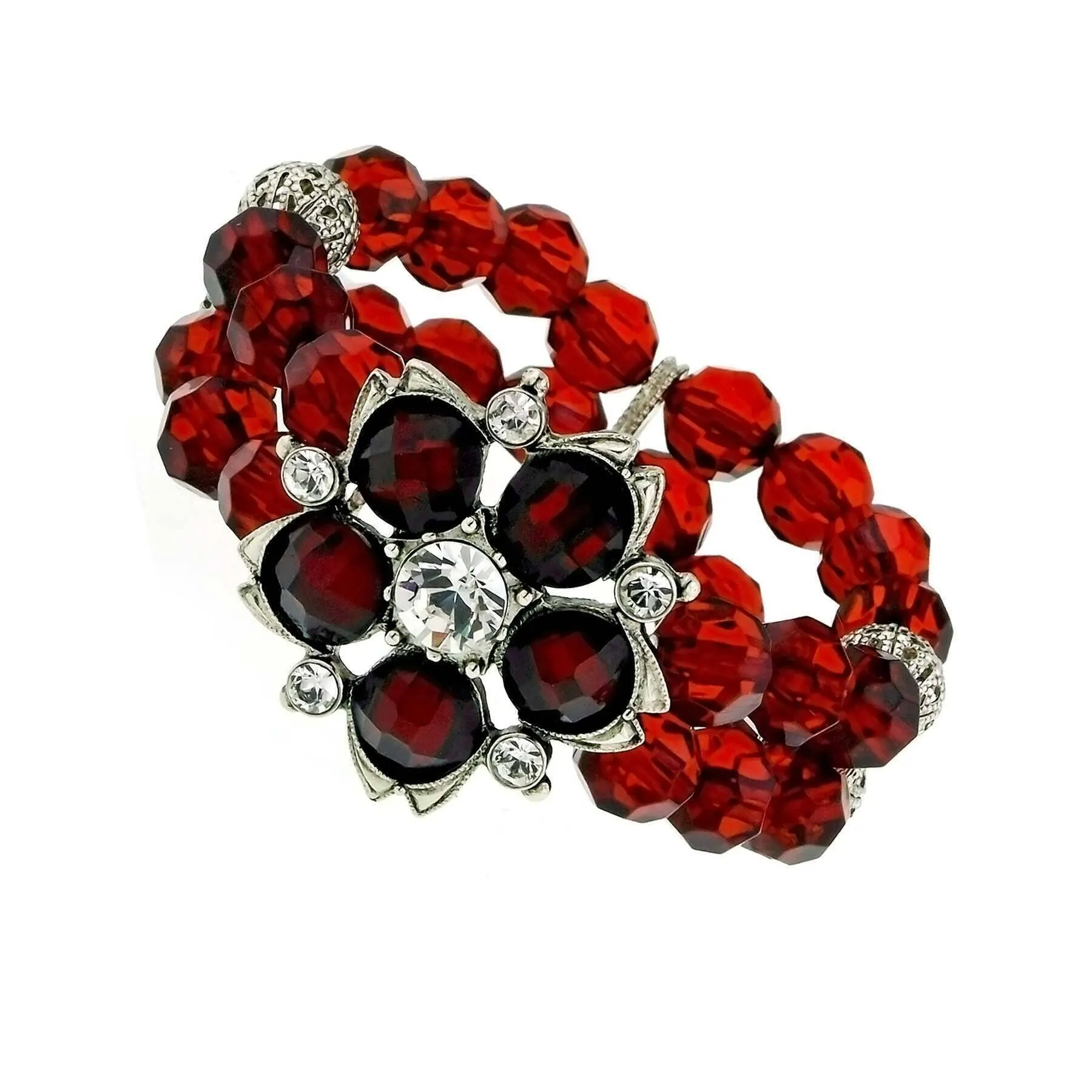 1928 Jewelry Siam Red Crystal Beaded Flower Stretch Bracelet