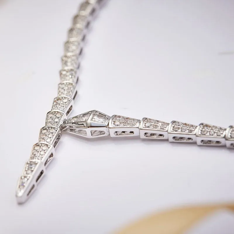 2022 New Sterling Silver Color Beautiful Double Row Diamond Narrow Snake Necklace Collar For Women Party Birthday Luxury Jewelry