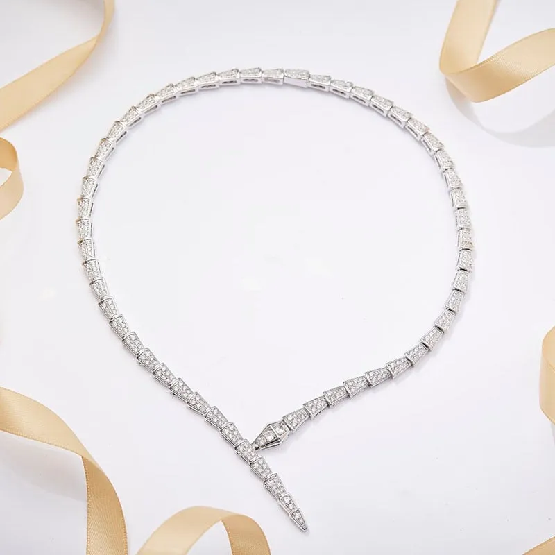 2022 New Sterling Silver Color Beautiful Double Row Diamond Narrow Snake Necklace Collar For Women Party Birthday Luxury Jewelry