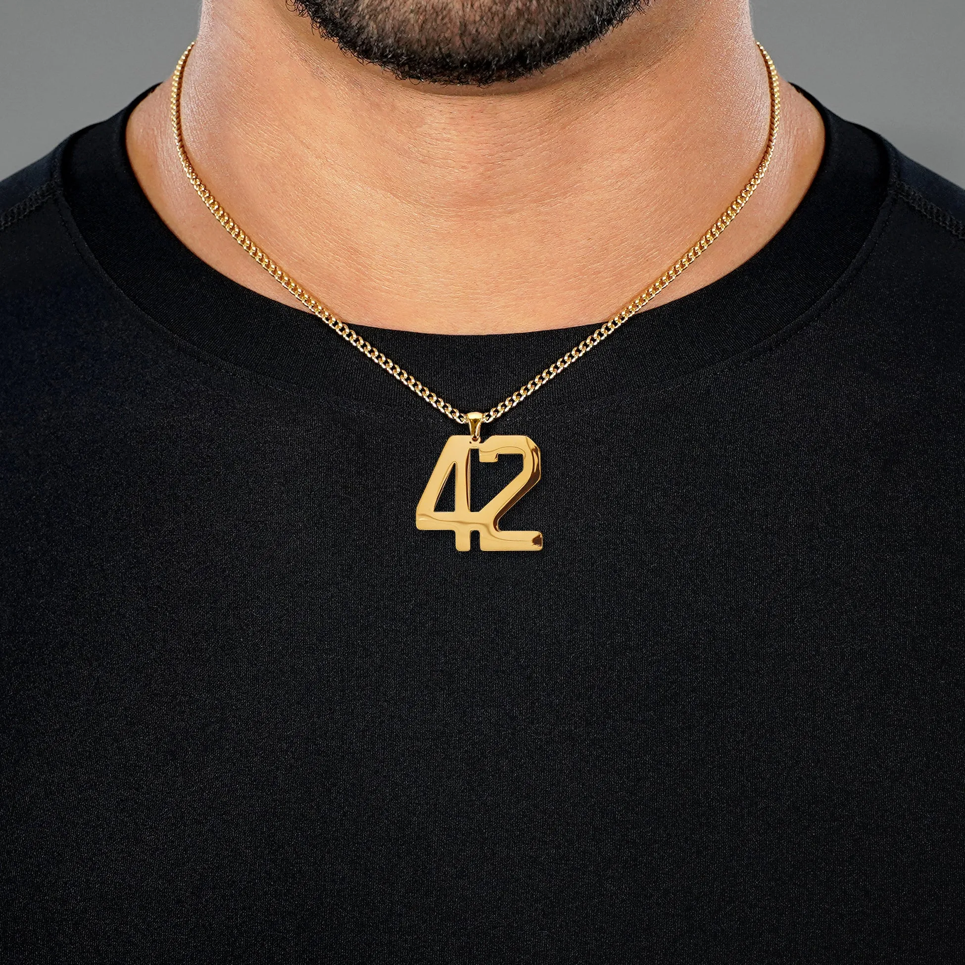 42 Number Pendant with Chain Necklace - Gold Plated Stainless Steel