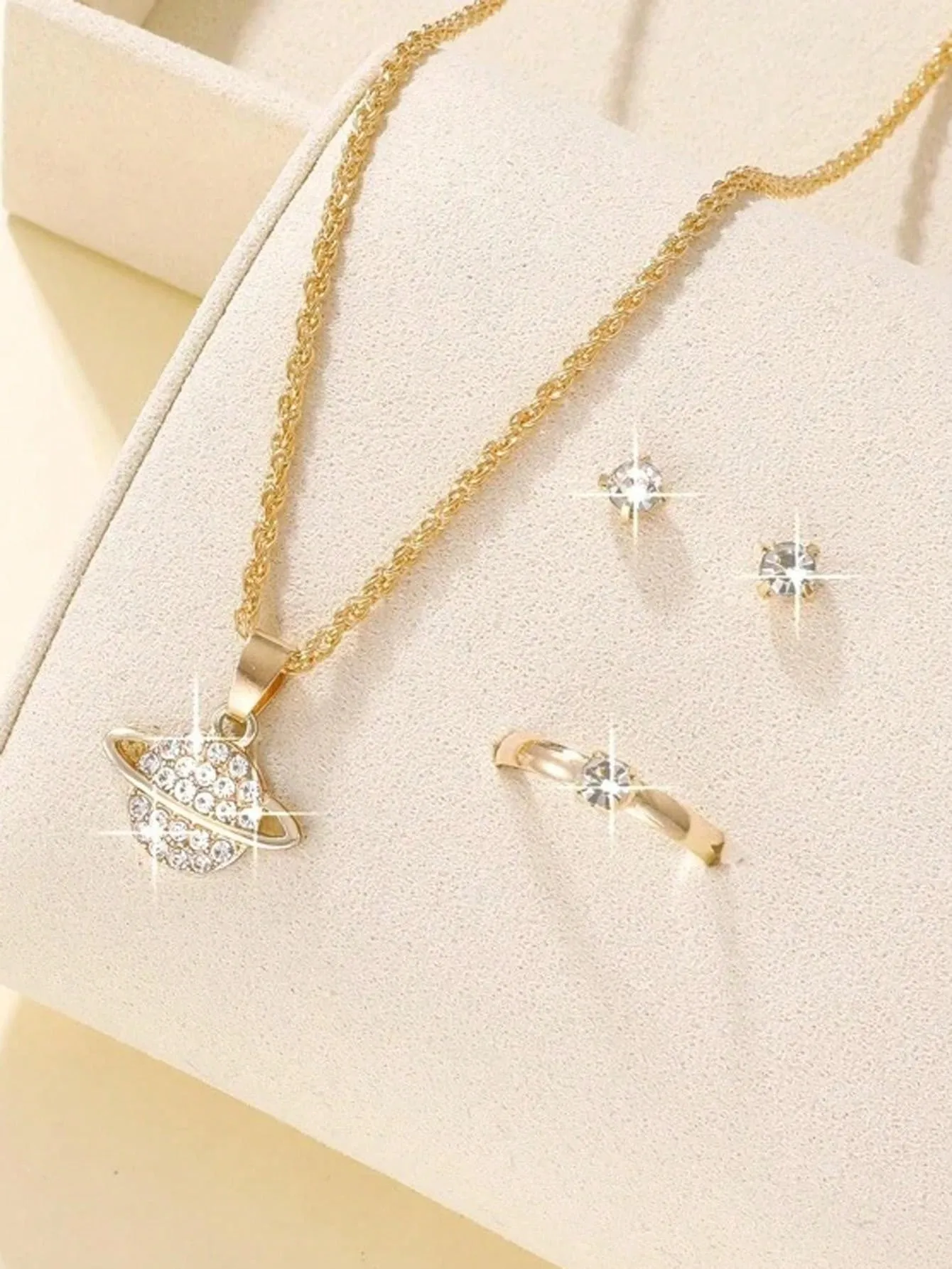 4pcs/Set Planet Rhinestone Ring, Earrings, Necklace Jewelry Set For Women,