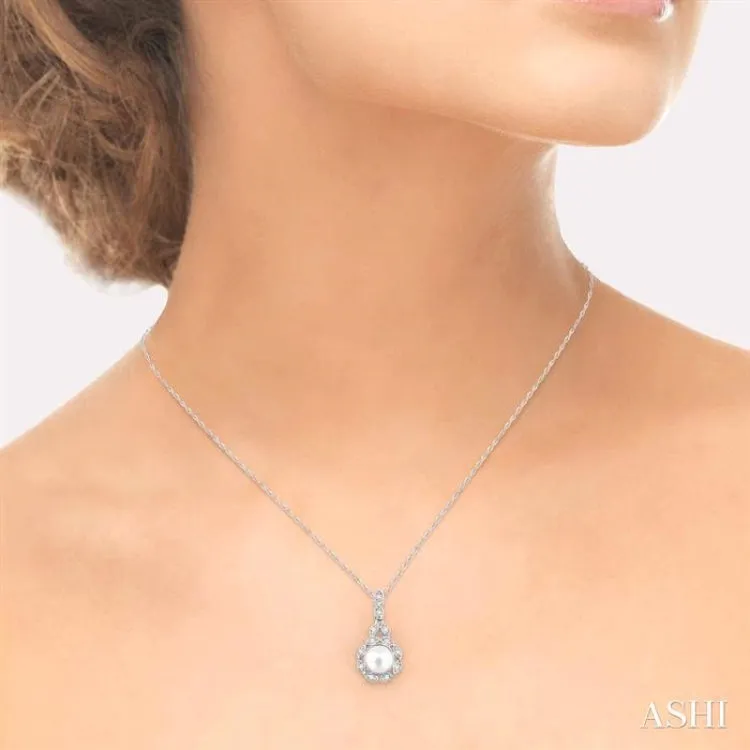 6.5mm Cultured Pearl and 1/10 Ctw Single Cut Diamond Pendant in 10K White Gold with Chain