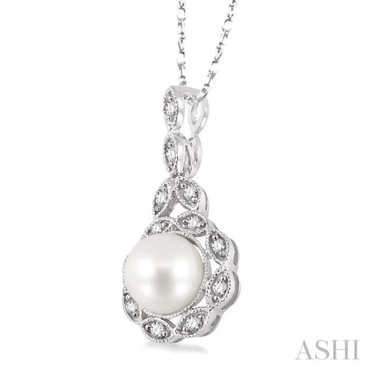 6.5mm Cultured Pearl and 1/10 Ctw Single Cut Diamond Pendant in 10K White Gold with Chain