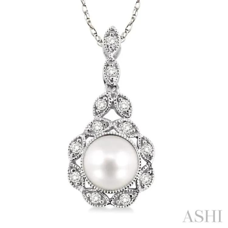 6.5mm Cultured Pearl and 1/10 Ctw Single Cut Diamond Pendant in 10K White Gold with Chain