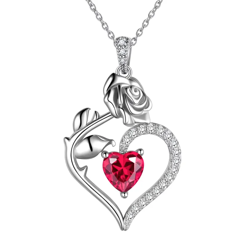 925 Sterling Silver Birthstone Necklace Rose Flower Heart Pendant