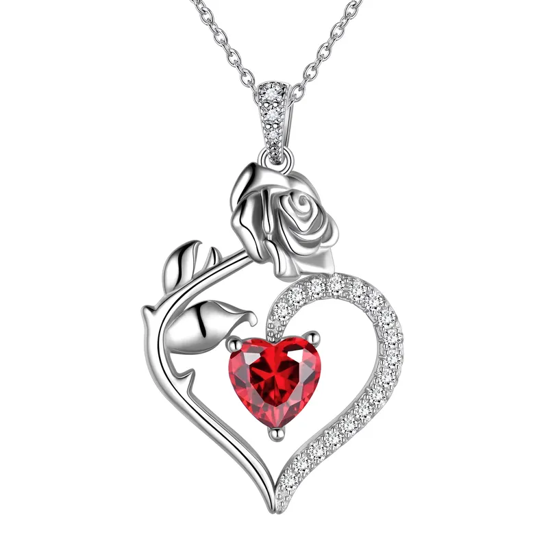 925 Sterling Silver Birthstone Necklace Rose Flower Heart Pendant