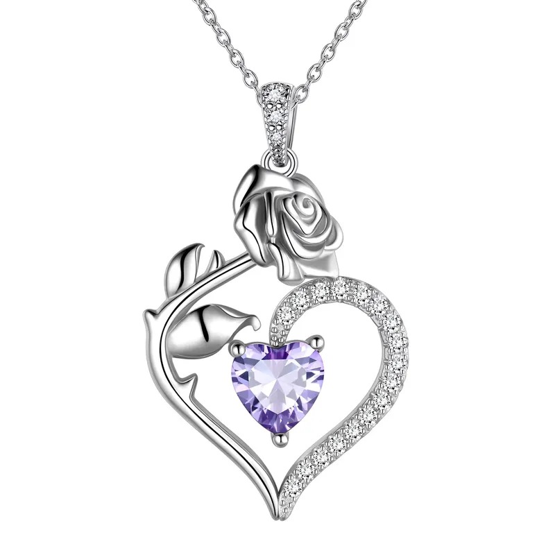 925 Sterling Silver Birthstone Necklace Rose Flower Heart Pendant