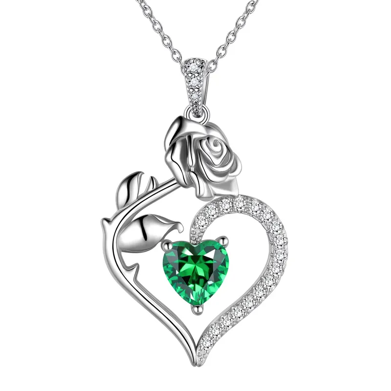 925 Sterling Silver Birthstone Necklace Rose Flower Heart Pendant