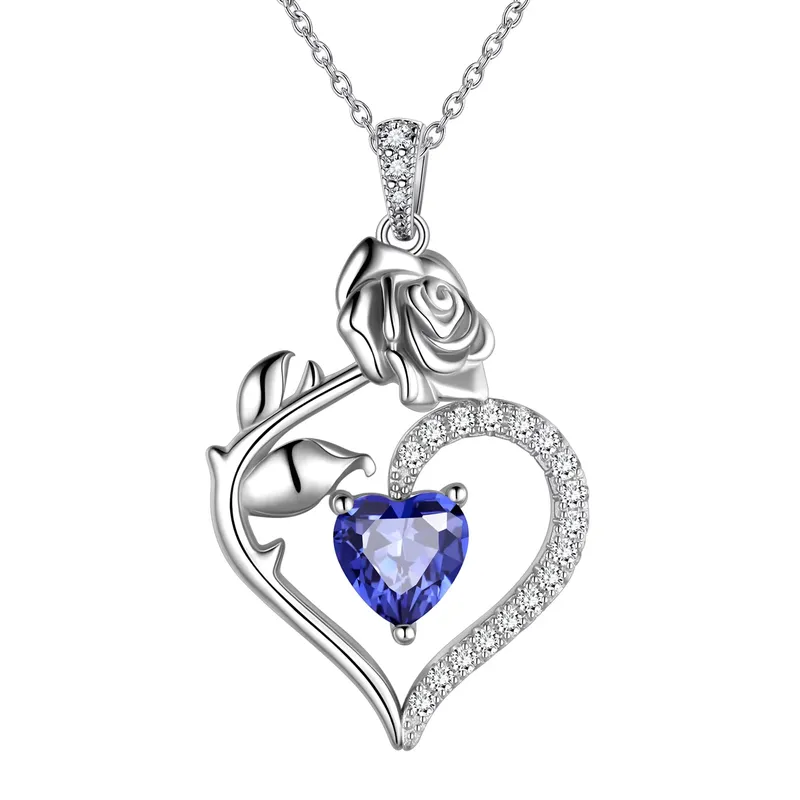 925 Sterling Silver Birthstone Necklace Rose Flower Heart Pendant