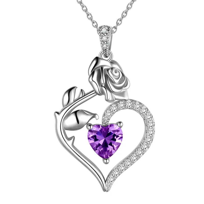 925 Sterling Silver Birthstone Necklace Rose Flower Heart Pendant