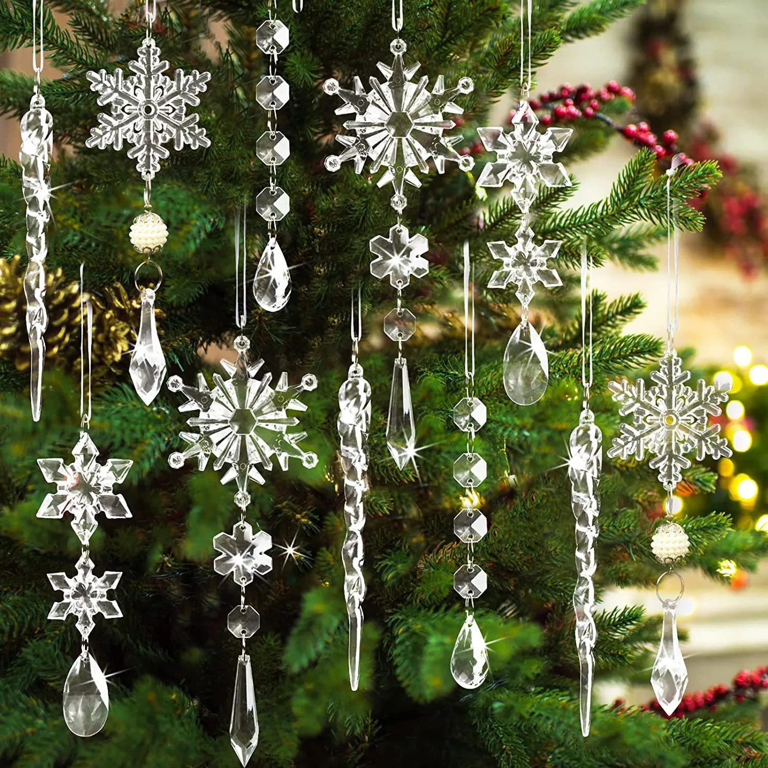 Acrylic Snowflake & Icicle Christmas Tree Ornaments – Set of 10 Elegant Hanging Pendants