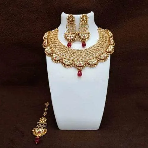 Antique Gold Semi Circular Kundan Necklace Earring And Teeka Set