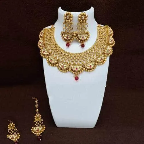 Antique Gold Semi Circular Kundan Necklace Earring And Teeka Set