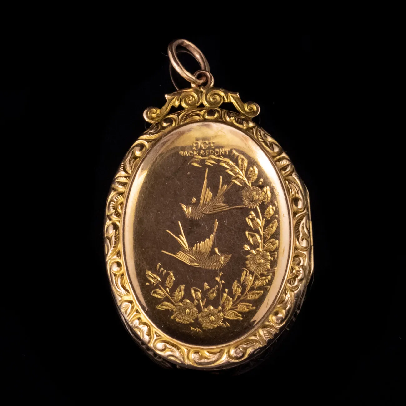 Antique Victorian Swallow Floral Locket 9Ct Gold Circa 1880