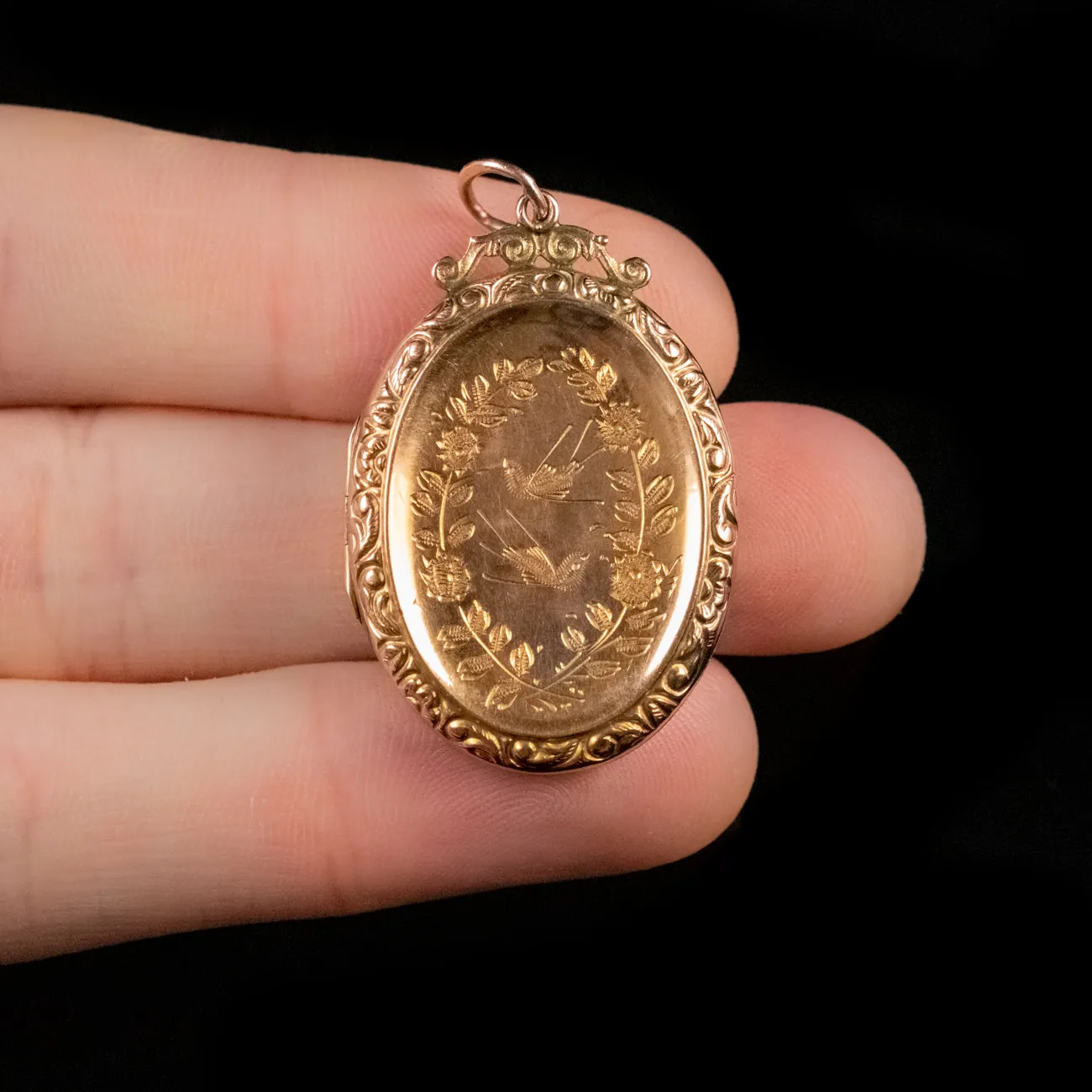 Antique Victorian Swallow Floral Locket 9Ct Gold Circa 1880