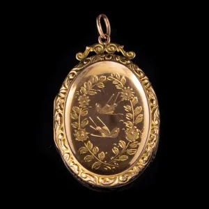 Antique Victorian Swallow Floral Locket 9Ct Gold Circa 1880